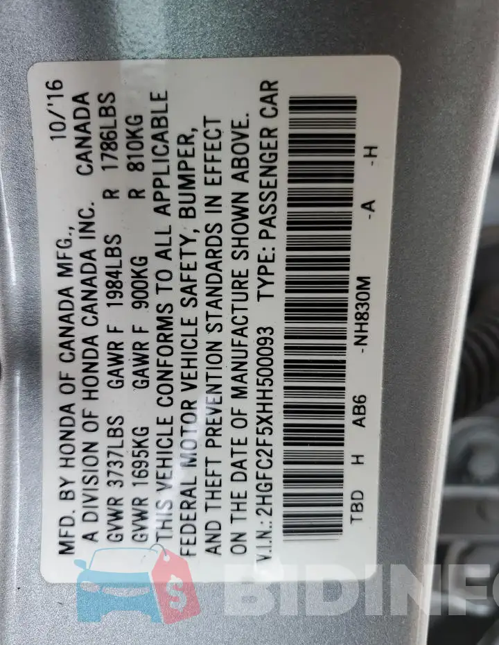 2HGFC2F5XHH500093 Photo# 12