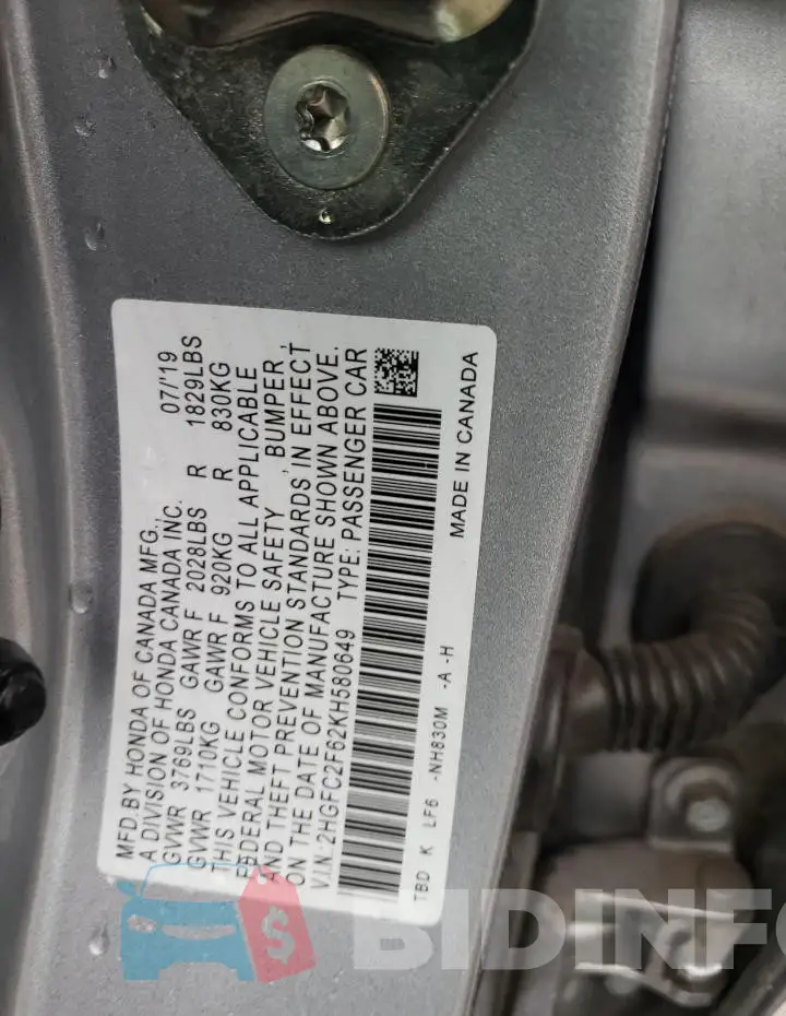 2HGFC2F62KH580649 Photo# 12