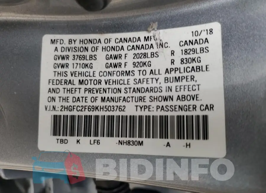 2HGFC2F69KH503762 Photo# 12