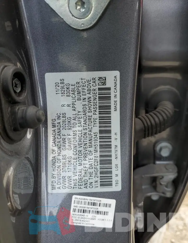 2HGFC2F81MH519345 Photo# 12