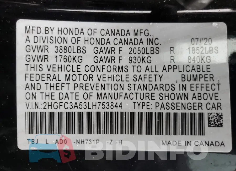 2HGFC3A53LH753844 Photo# 13