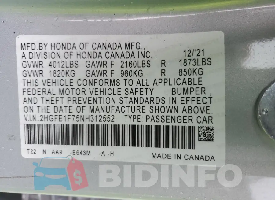 2HGFE1F75NH312552 Photo# 12
