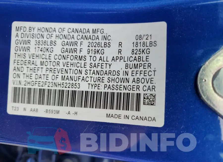 2HGFE2F23NH522853 Photo# 13