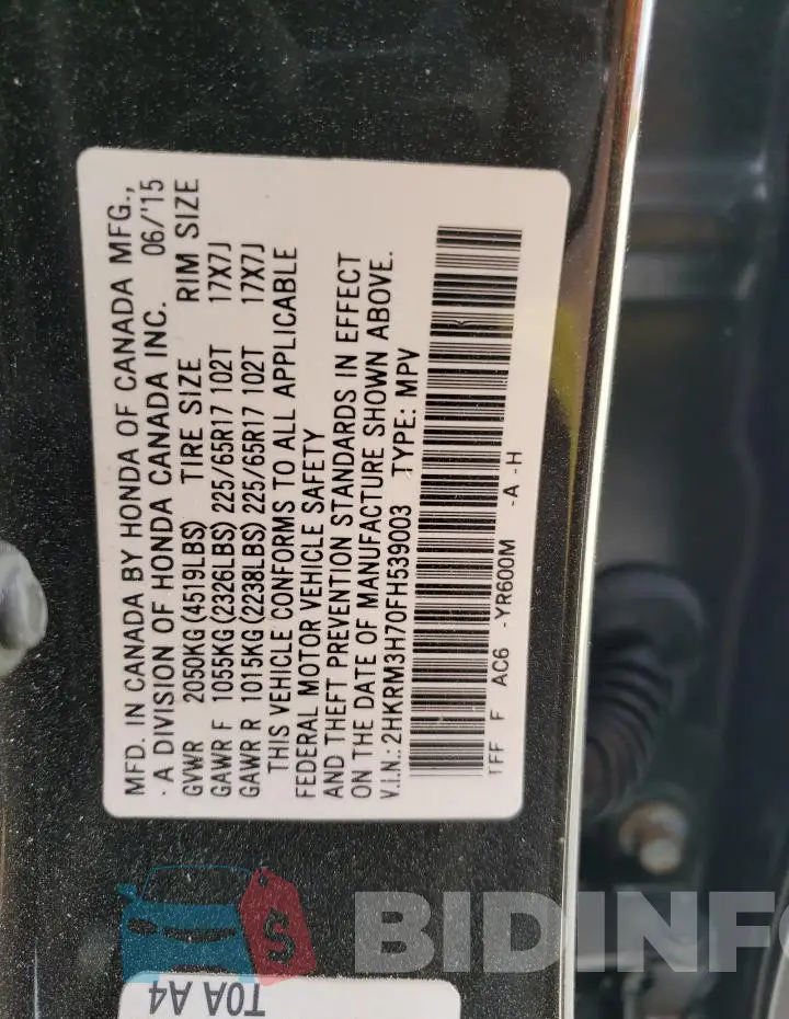 2HKRM3H70FH539003 Photo# 14