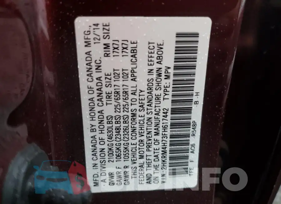 2HKRM4H73FH617442 Photo# 12