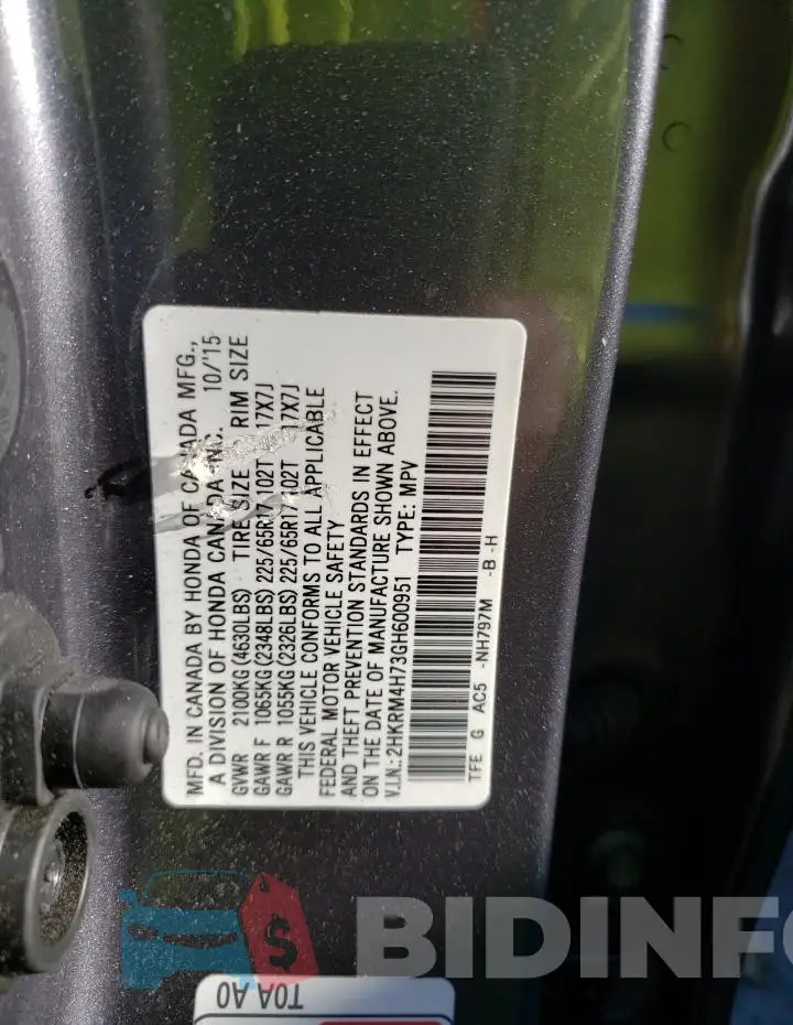 2HKRM4H73GH600951 Photo# 13