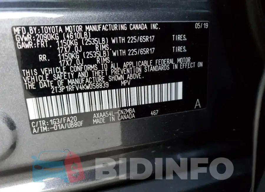 2T3P1RFV4KW058839 Photo# 13