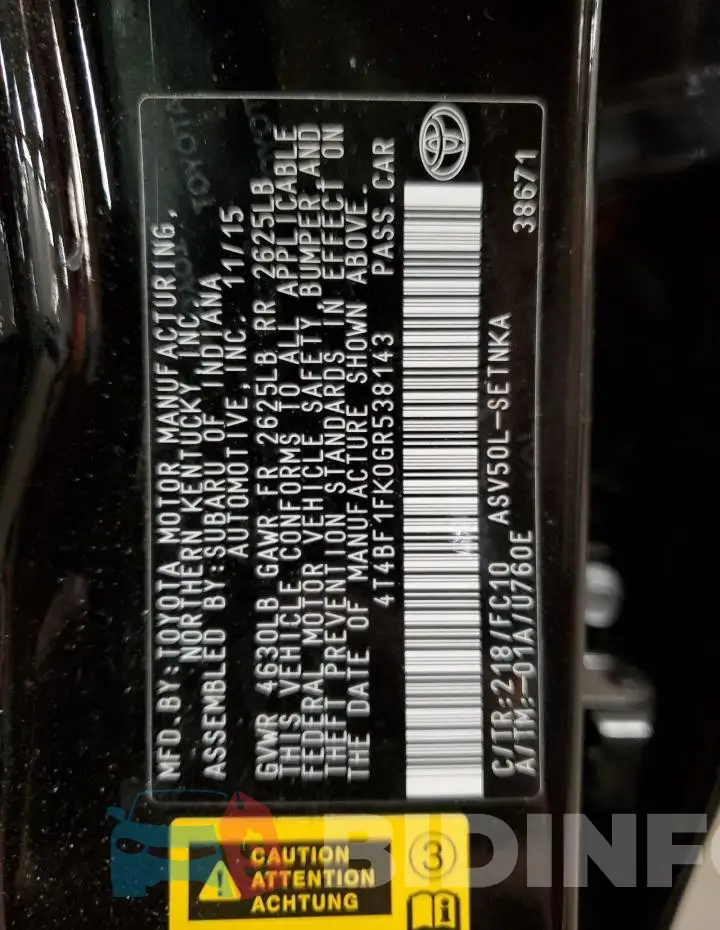 4T4BF1FK0GR538143 Photo# 13