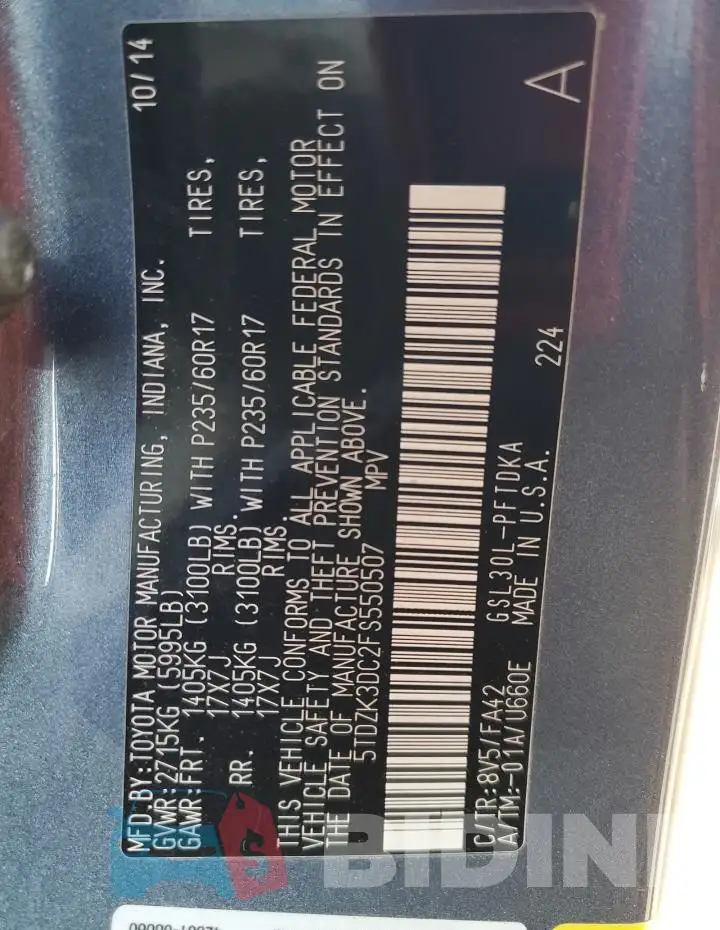 5TDZK3DC2FS550507 Photo# 14