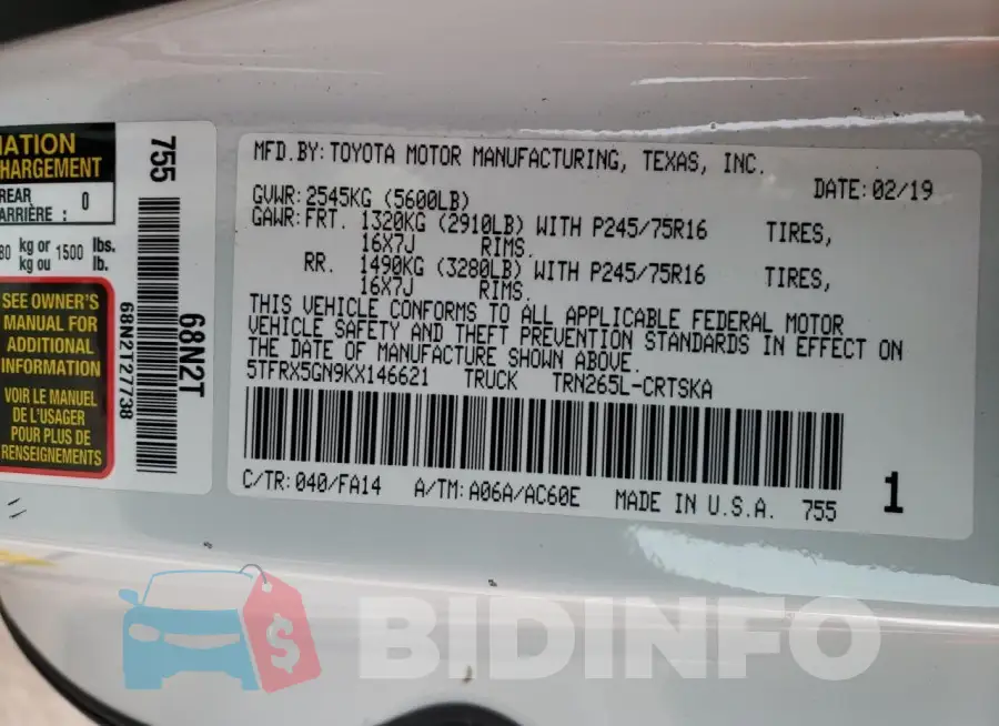 5TFRX5GN9KX146621 Photo# 12