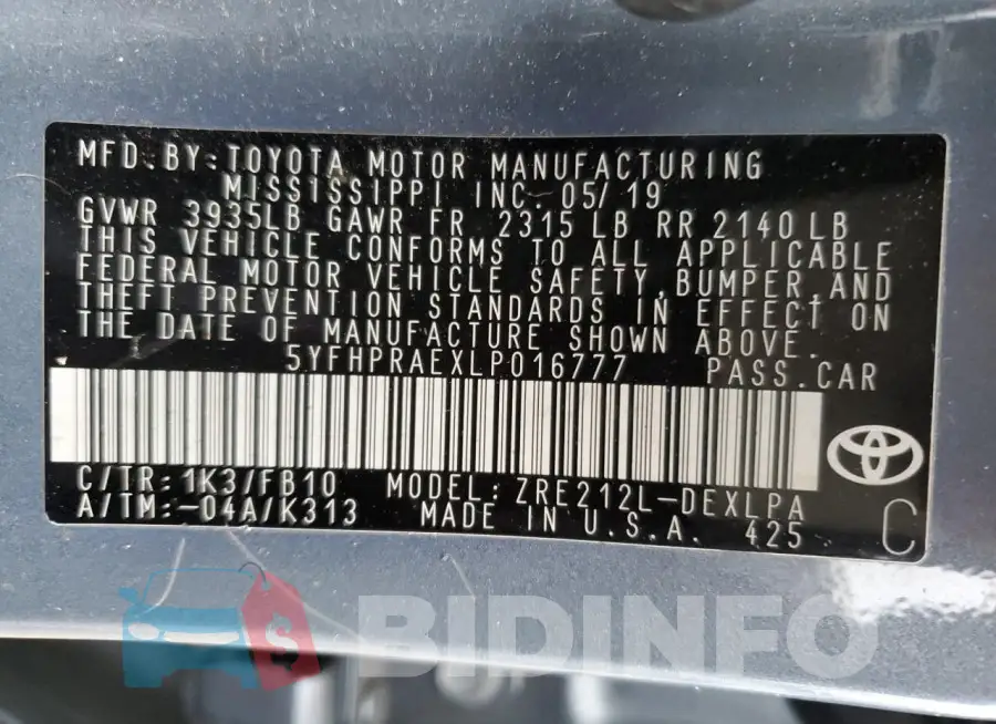 5YFHPRAEXLP016777 Photo# 13
