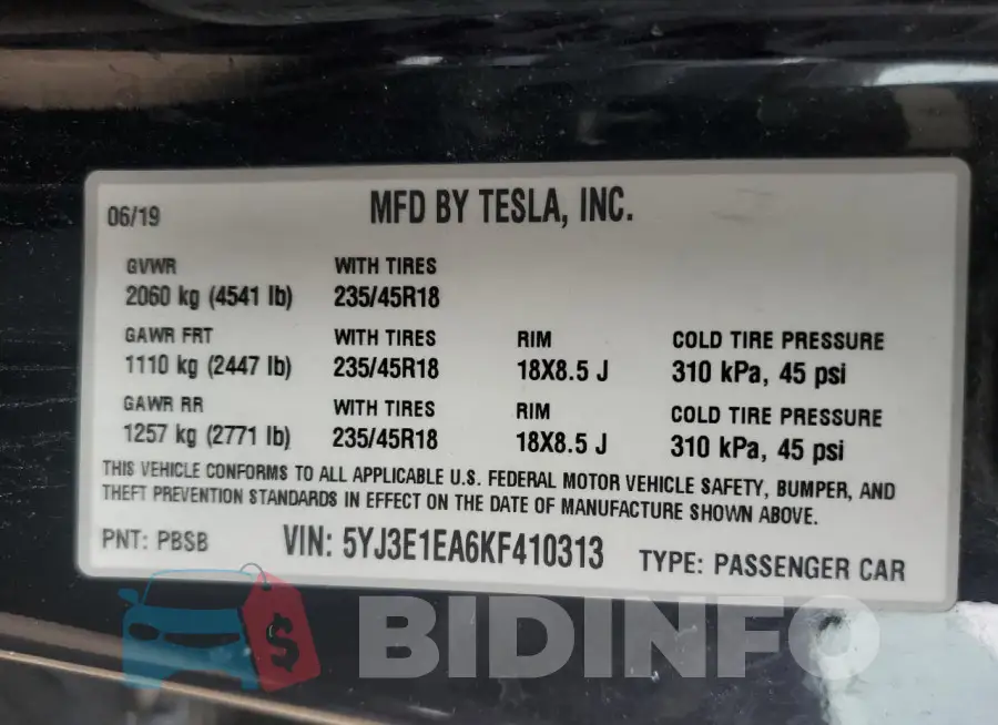 5YJ3E1EA6KF410313 Photo# 12