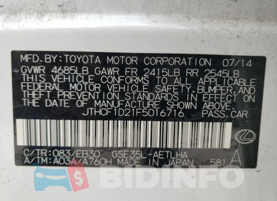 JTHCF1D21F5016716 Photo# 12