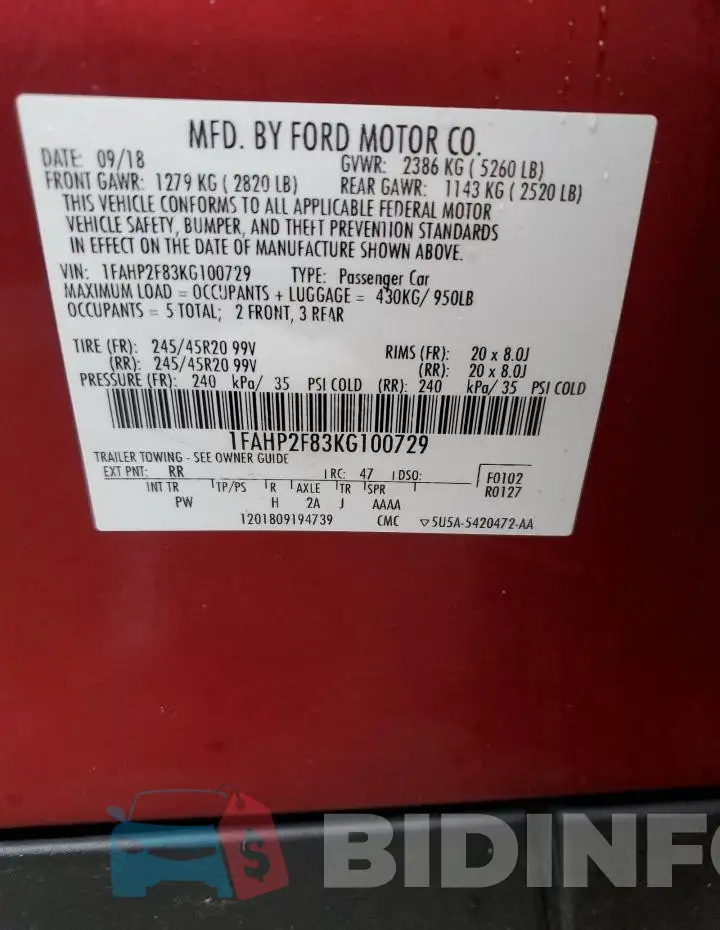 1FAHP2F83KG100729 Photo# 13