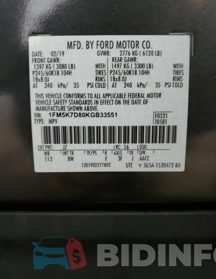 1FM5K7D80KGB33551 Photo# 13
