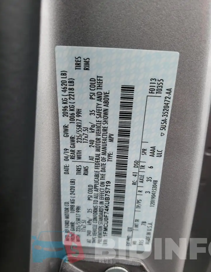 1FMCU0F74KUB75719 Photo# 13