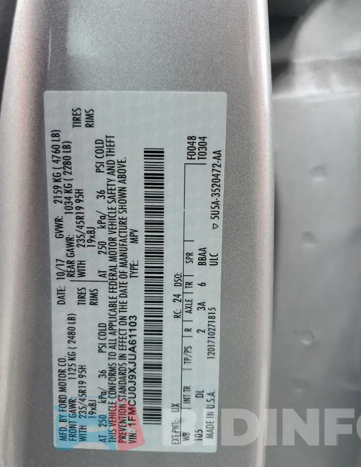 1FMCU0J9XJUA61103 Photo# 14