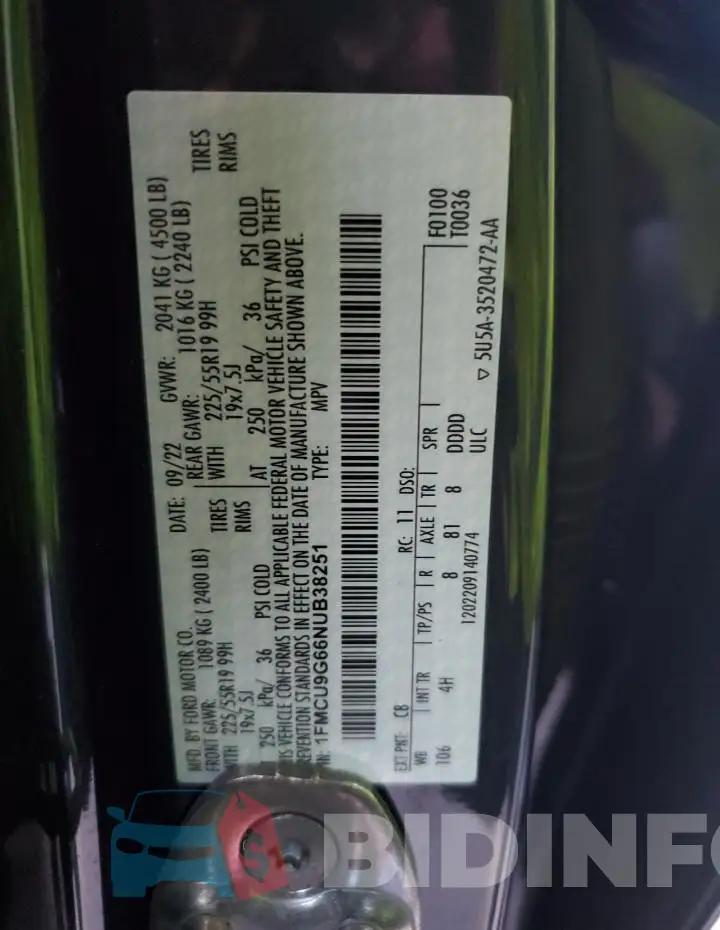 1FMCU9G66NUB38251 Photo# 13