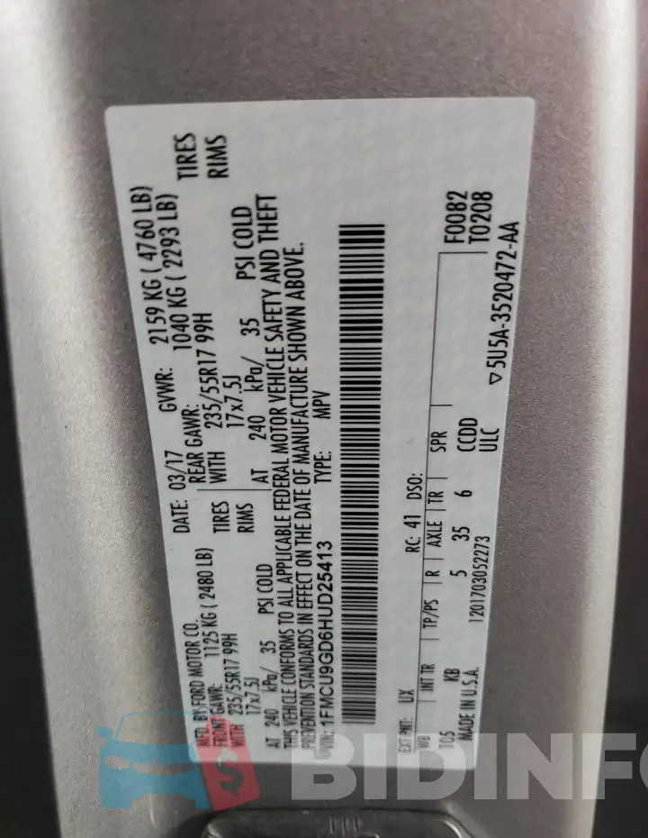 1FMCU9GD6HUD25413 Photo# 13