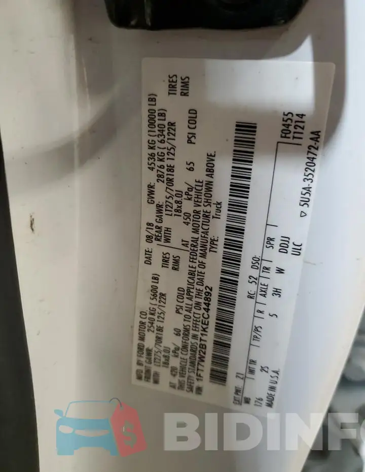 1FT7W2BT1KEC44892 Photo# 12