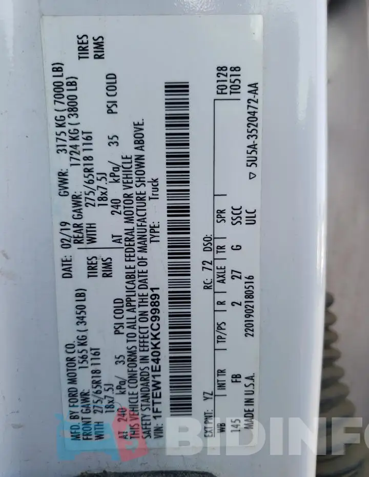 1FTEW1E40KKC99891 Photo# 12