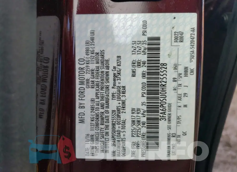 3FA6P0SU0HR255528 Photo# 12