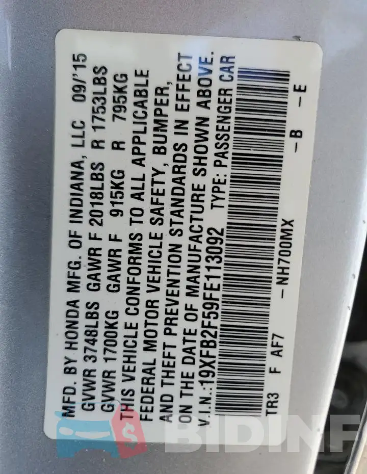 19XFB2F59FE113092 Photo# 13