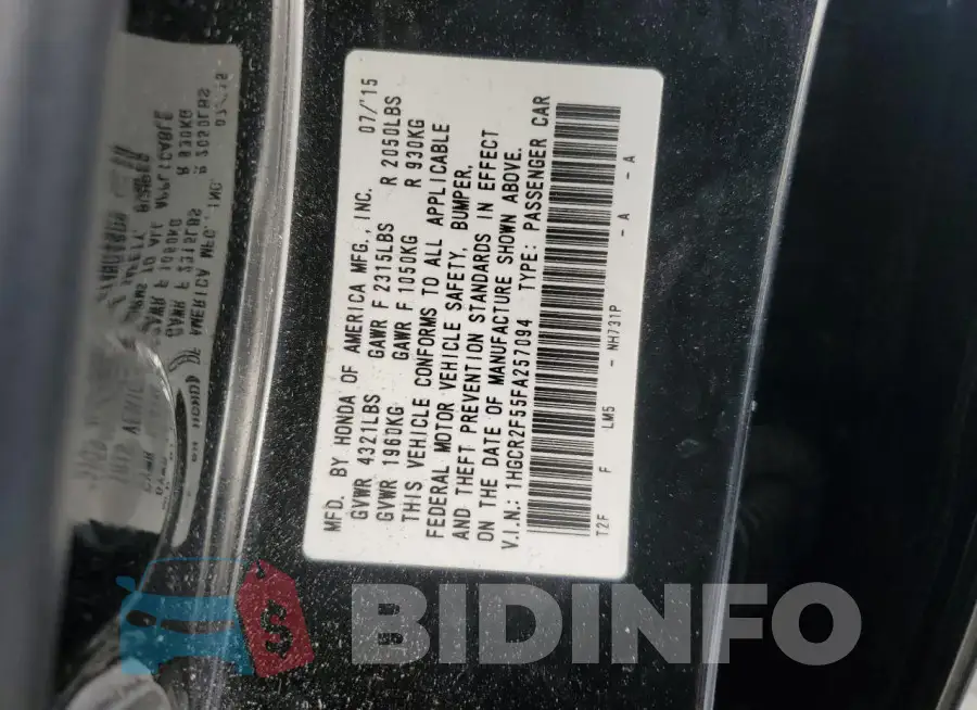 1HGCR2F55FA257094 Photo# 12