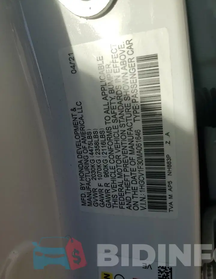 1HGCV1F30MA061646 Photo# 12
