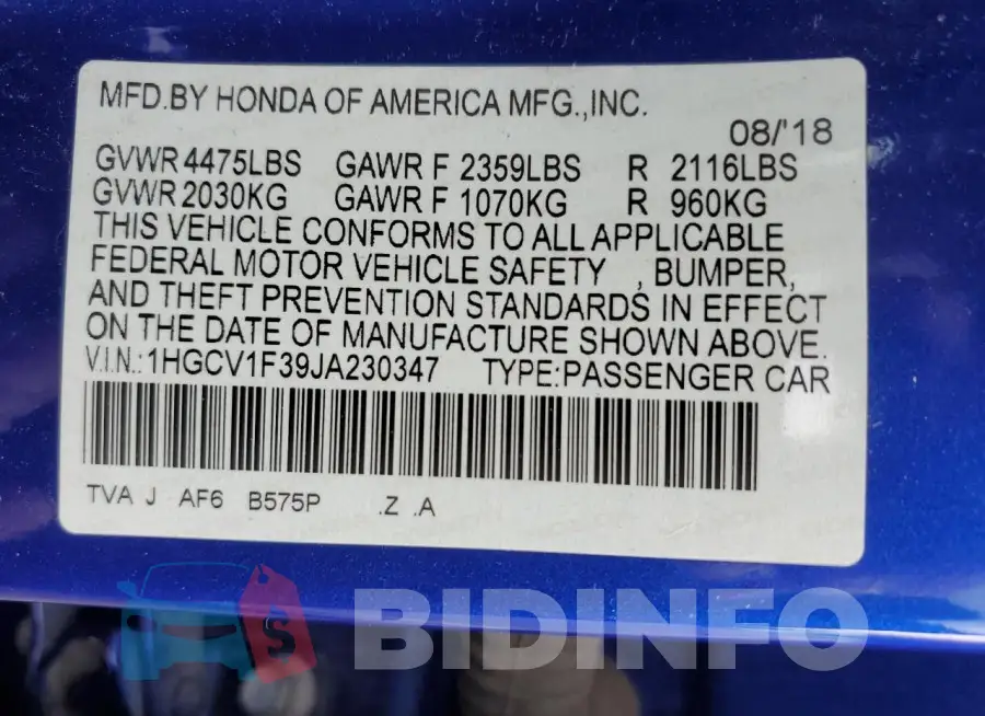 1HGCV1F39JA230347 Photo# 12