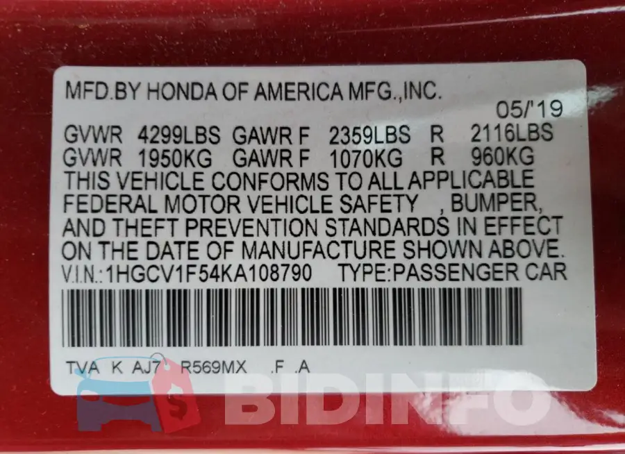1HGCV1F54KA108790 Photo# 13