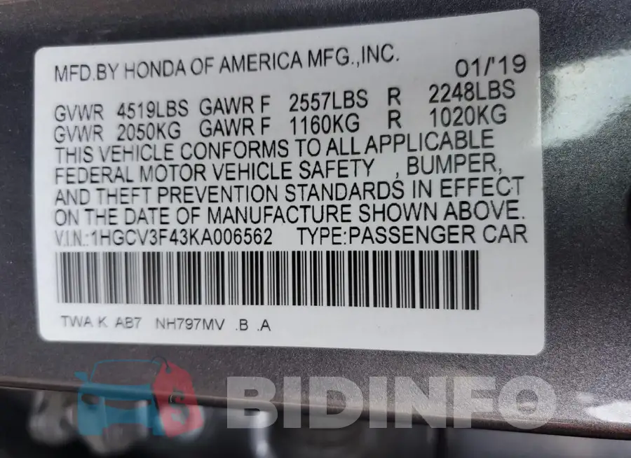1HGCV3F43KA006562 Photo# 12