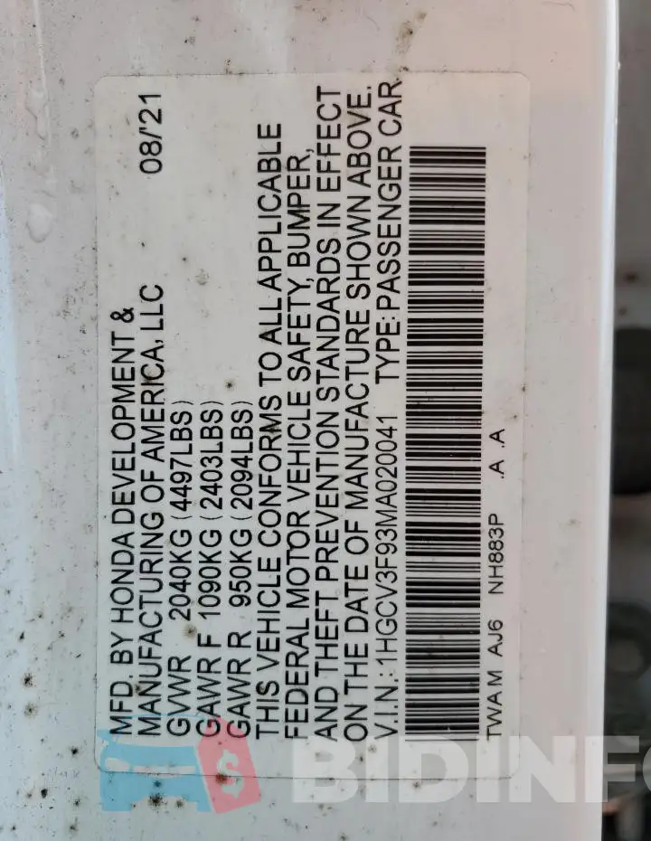 1HGCV3F93MA020041 Photo# 12