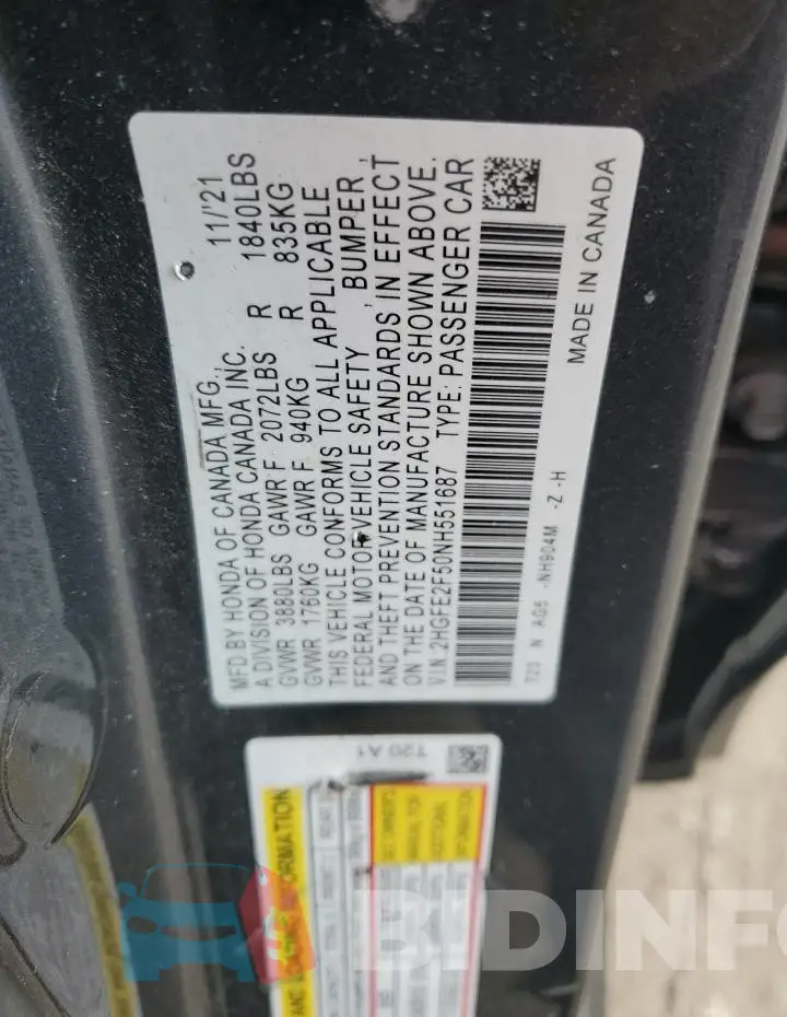 2HGFE2F50NH551687 Photo# 12