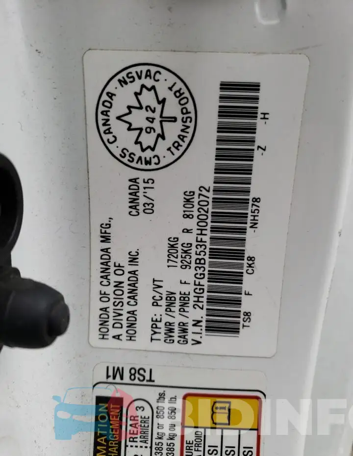 2HGFG3B53FH002072 Photo# 12
