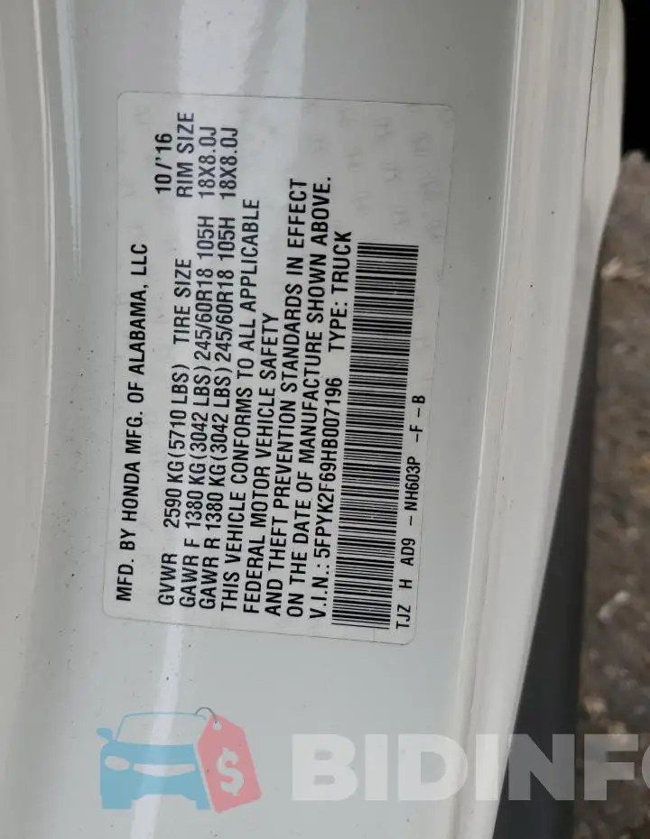 5FPYK2F69HB007196 Photo# 13