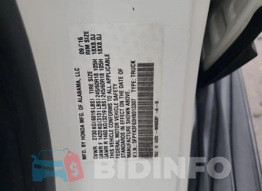 5FPYK3F63HB013307 Photo# 12