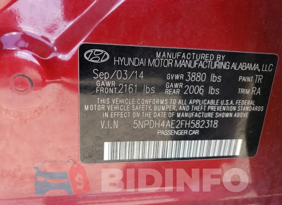 5NPDH4AE2FH582318 Photo# 12