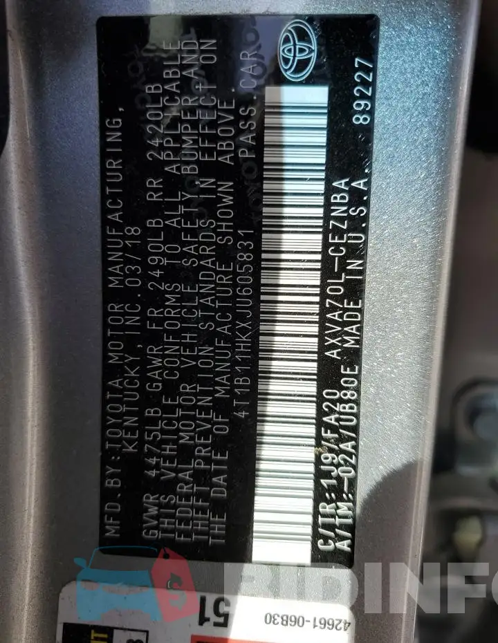 4T1B11HKXJU605831 Photo# 12