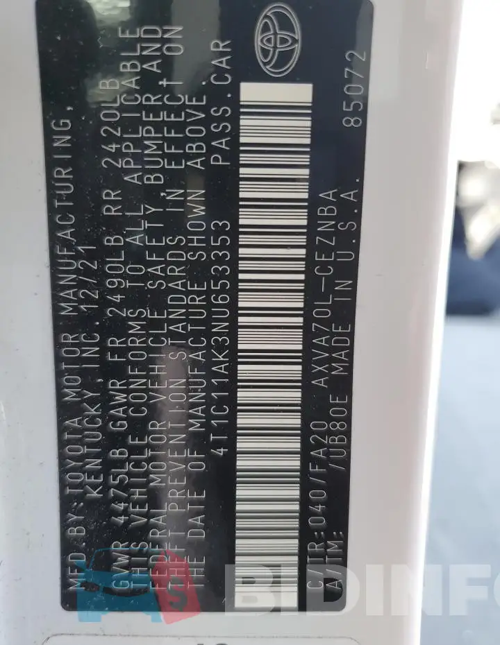 4T1C11AK3NU653353 Photo# 13
