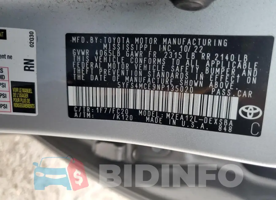 5YFS4MCE9NP135020 Photo# 12