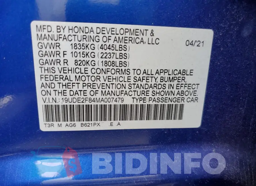 19UDE2F84MA007479 Photo# 12