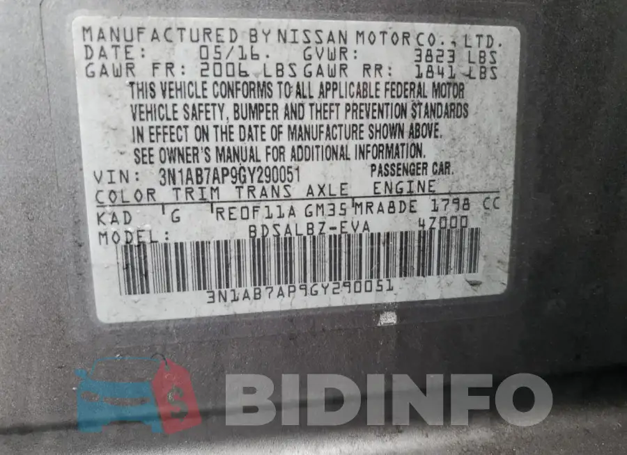 3N1AB7AP9GY290051 Photo# 13