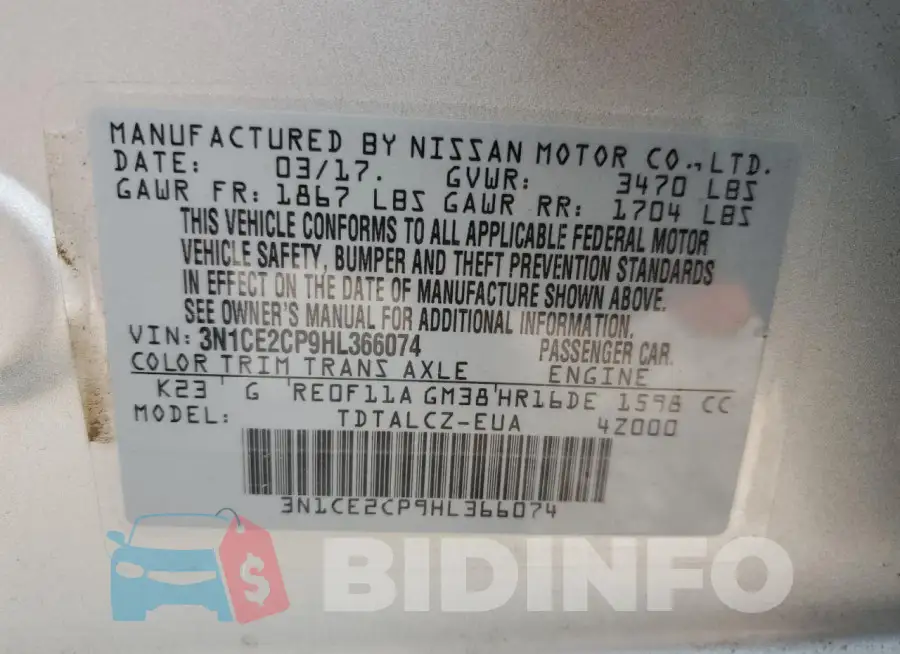3N1CE2CP9HL366074 Photo# 12