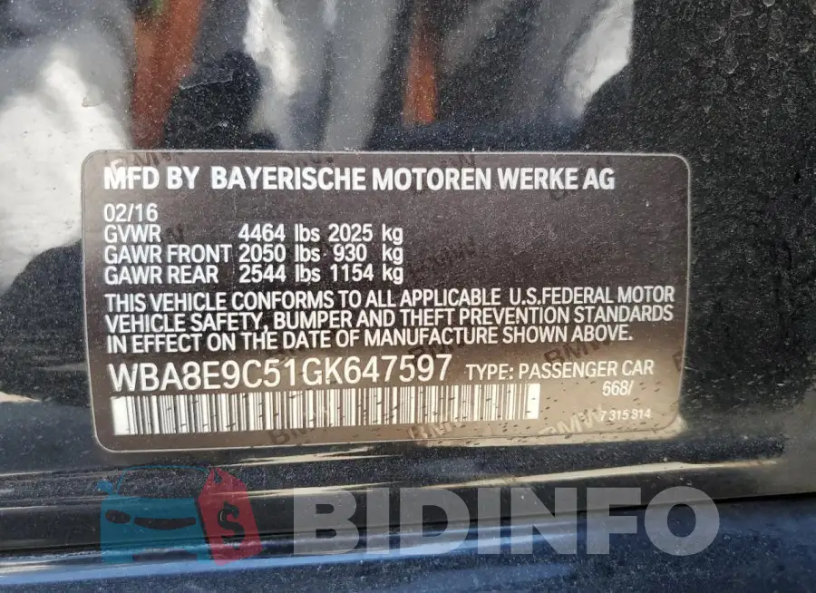 WBA8E9C51GK647597 Photo# 12