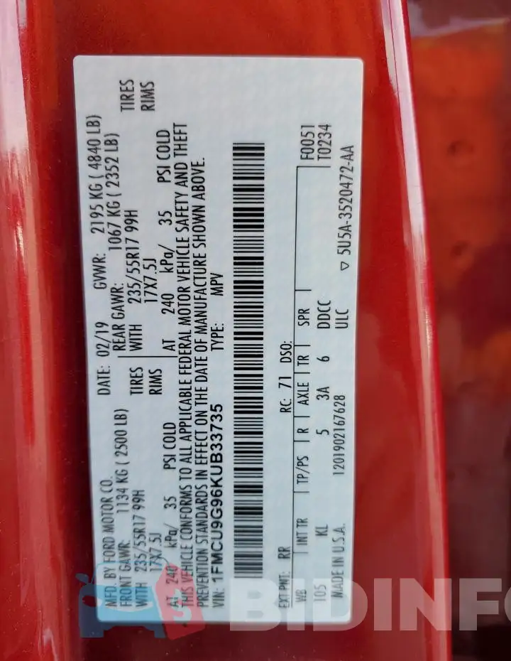 1FMCU9G96KUB33735 Photo# 12