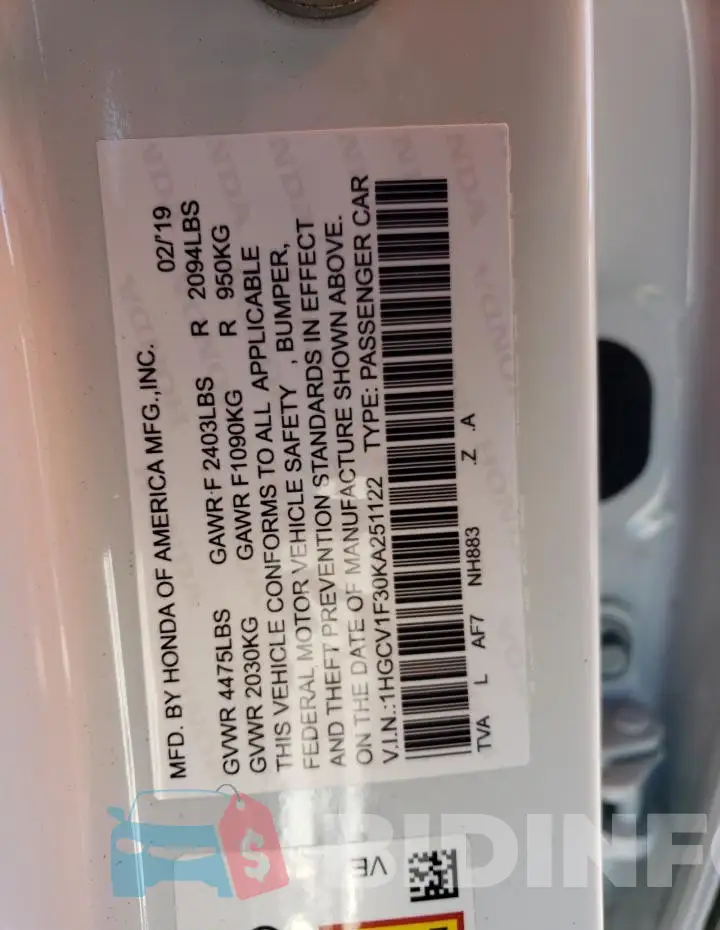 1HGCV1F30KA131496 Photo# 12