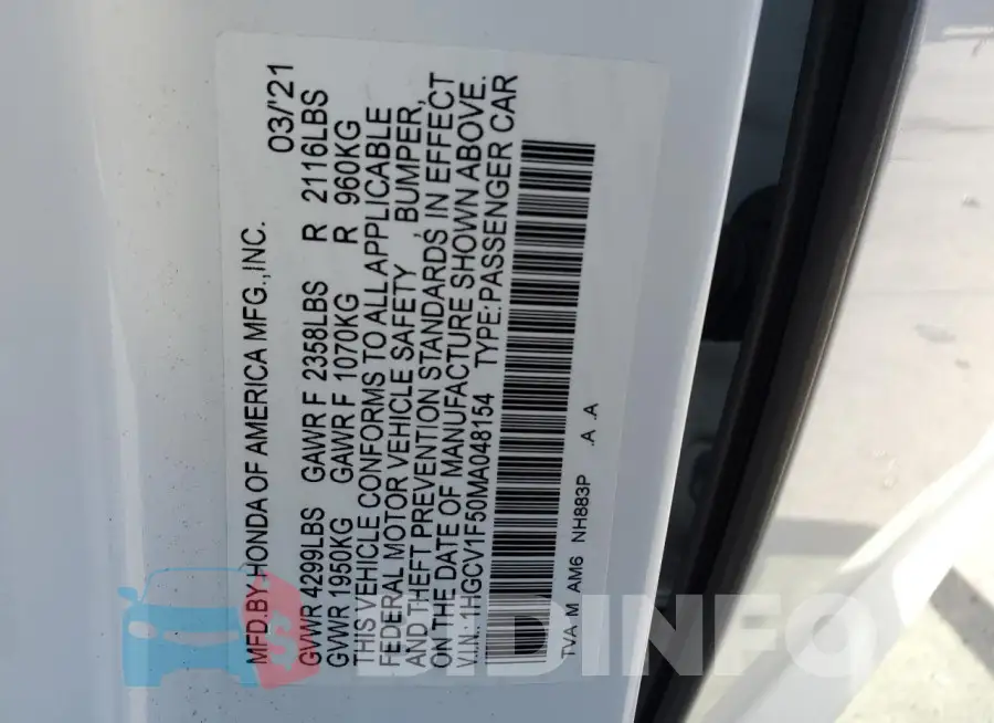 1HGCV1F50MA048154 Photo# 12