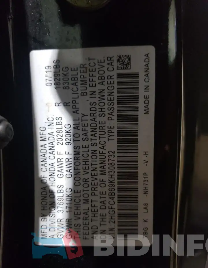 2HGFC4B69KH308732 Photo# 12