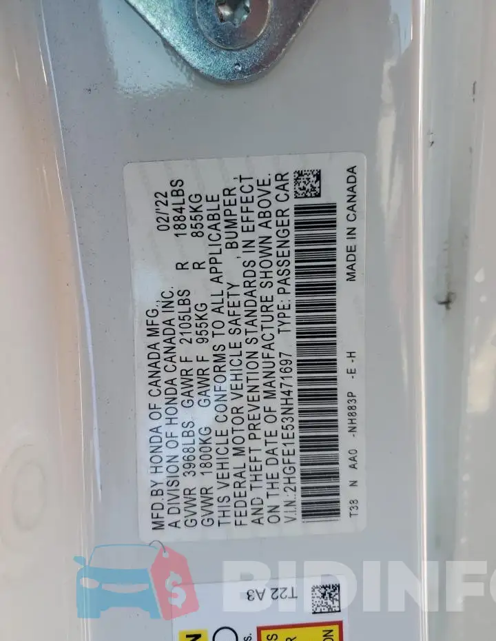 2HGFE1E53NH471697 Photo# 12